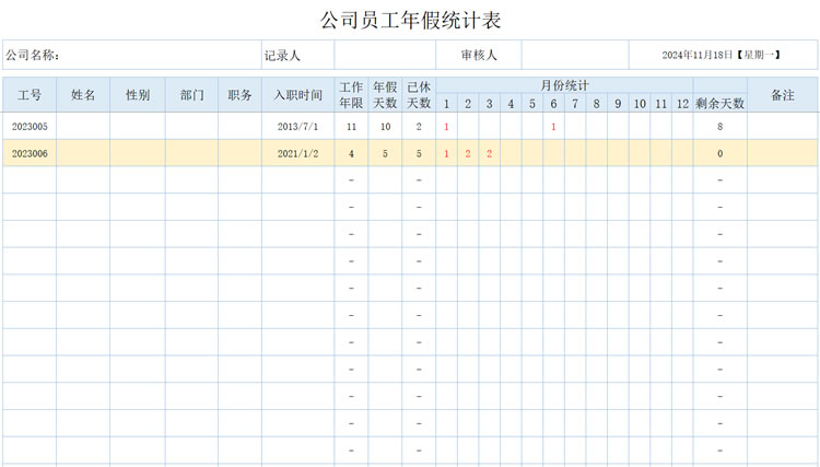 员工年假登记表excel 年假统计表格模板